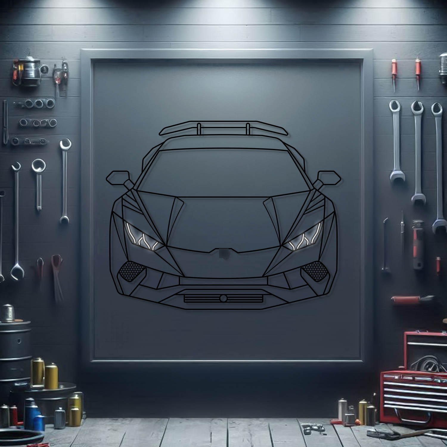 Lamborghini Huracan Performante front view metal wall art with neon-style outline