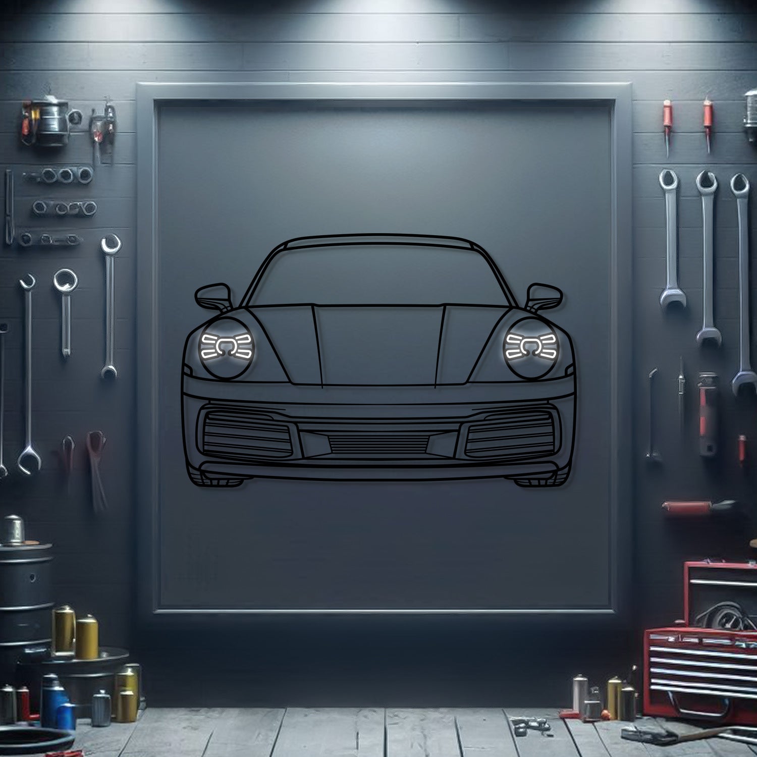 Metal neon car wall art panel with front view sports car outline