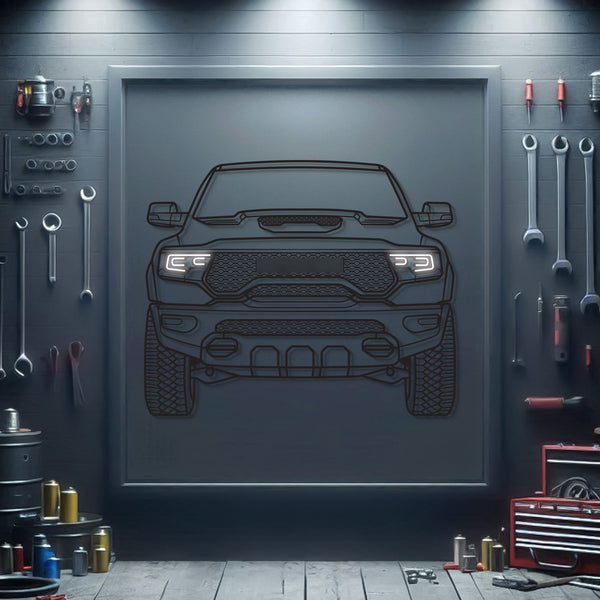 Metal wall art of RAM 1500 TRX truck front view, neon-style outline, wall-hanging frame