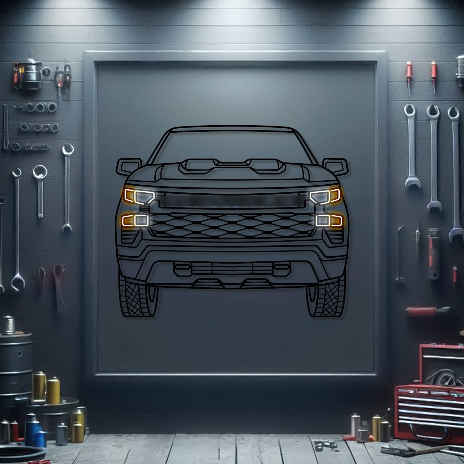 Neon metal front car wall art featuring a dark pickup truck grille with headlights