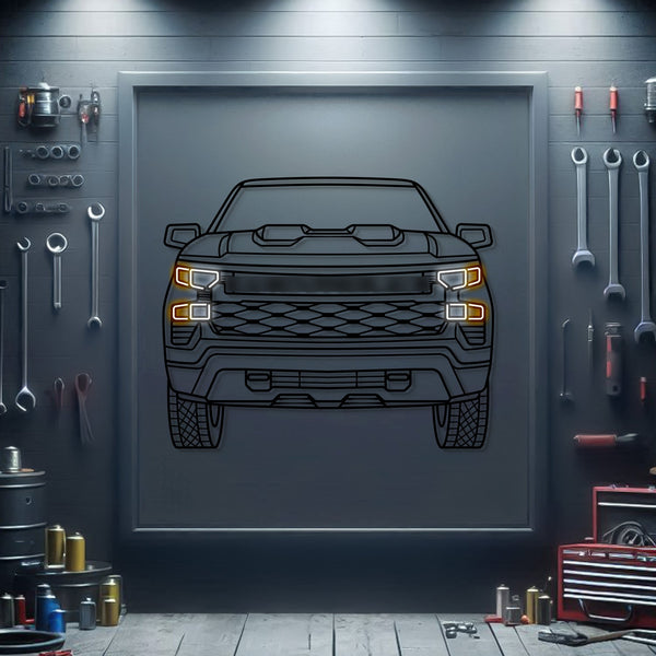 Neon metal front car wall art featuring a dark pickup truck grille with headlights
