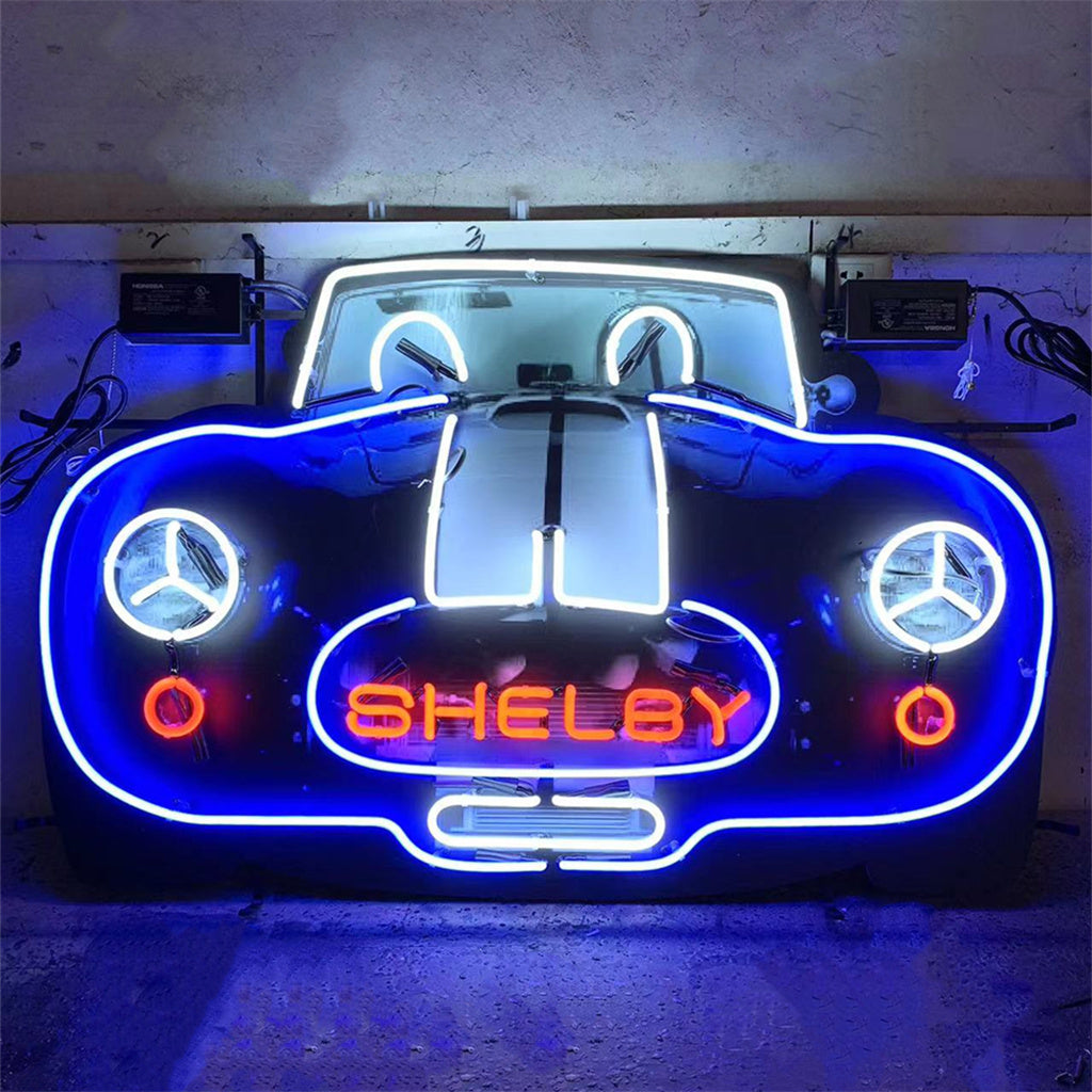Neon car sign with blue outline, SHELBY text, and Mercedes logo circles