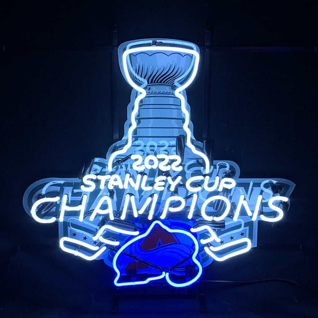 Neon sign light of trophy with blue glow and text '2022 Stanley Cup Champions'