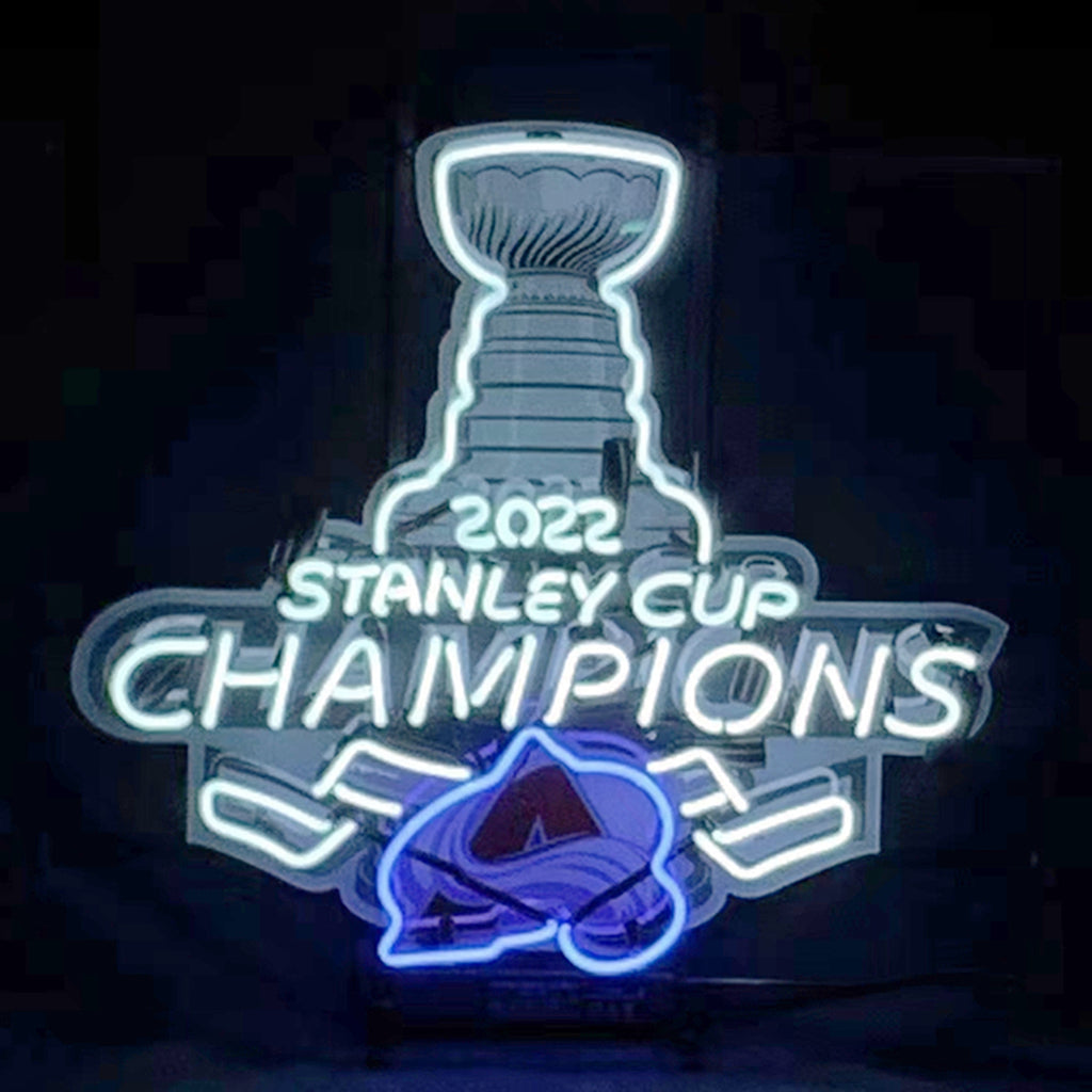 Neon sign light trophy with '2022 Stanley Cup Champions' text and blue glow