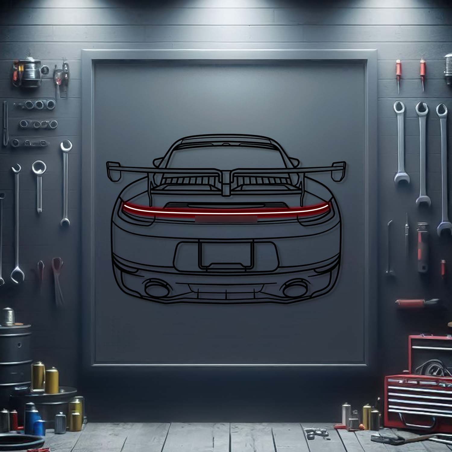 Metal neon car wall art with rear car outline and red light stripe