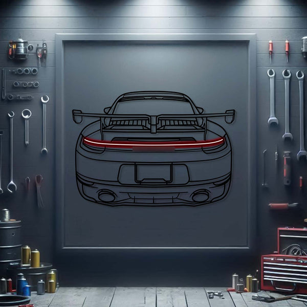 Metal neon car wall art with rear car outline and red light stripe