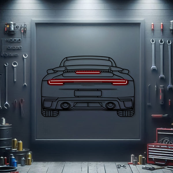 Metal neon wall art showing rear view of a sports car, red light accents