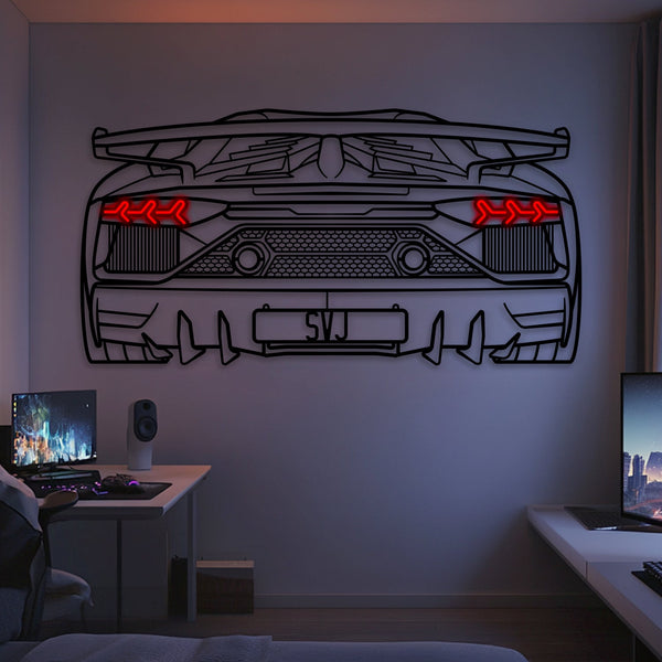 Metal neon car wall art featuring a stylized rear view with red LED highlights