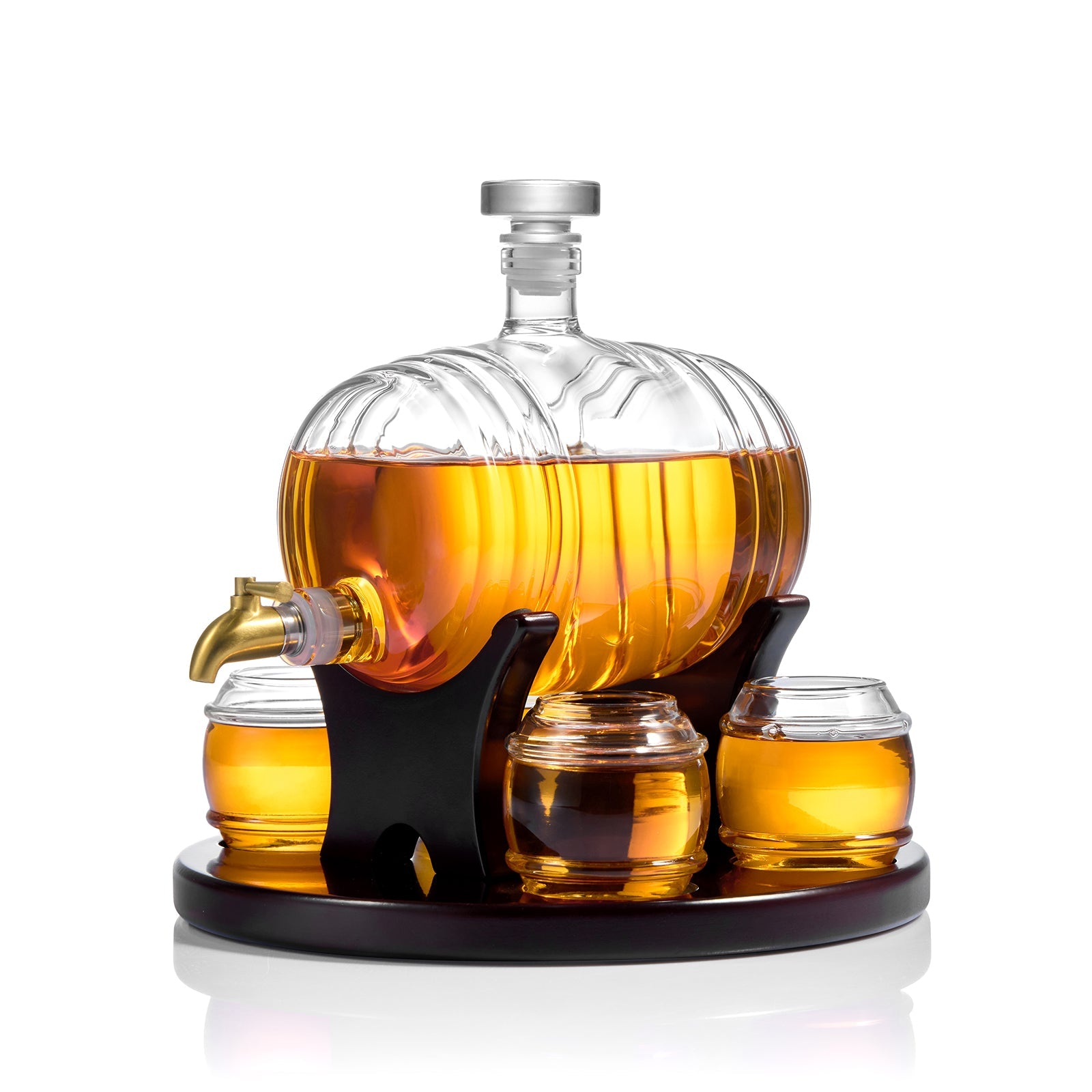 Barrel-style whiskey decanter on stand with spigot and 2 amber glass cups