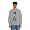 Sport gray crewneck sweatshirt on model with bearded hiking character graphic