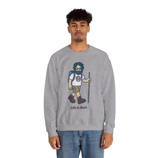 Sport gray crewneck sweatshirt on model with bearded hiking character graphic