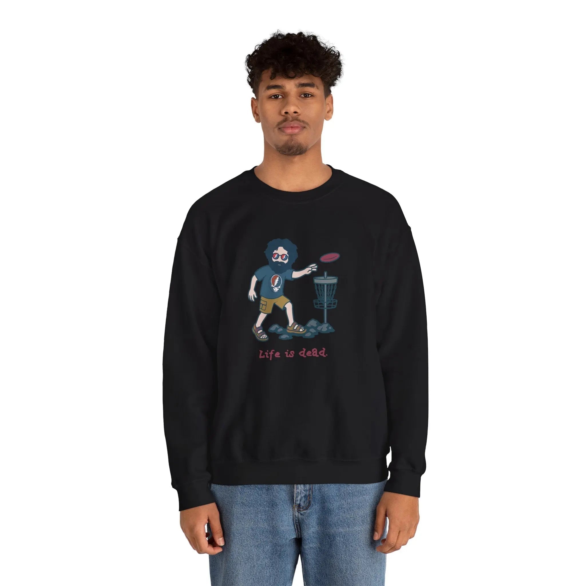 Black crewneck sweatshirt with cartoon disc-golf graphic on chest
