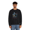 Black crewneck sweatshirt with cartoon disc-golf graphic on chest