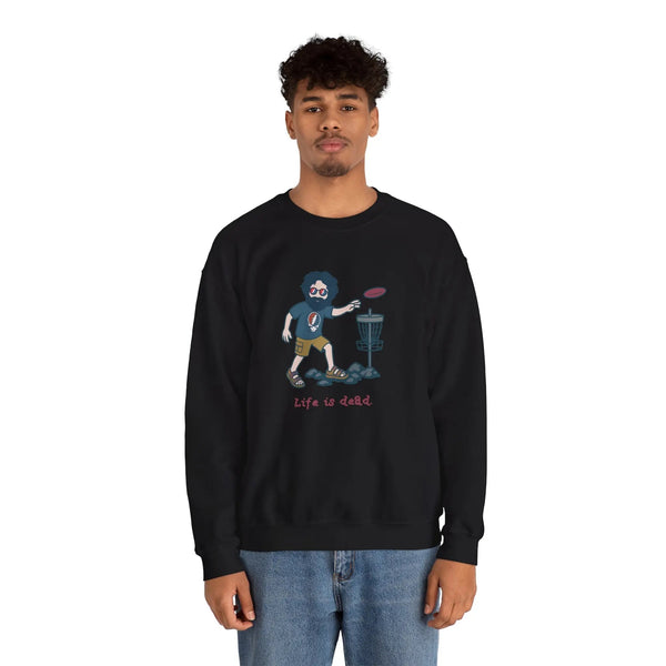 Black crewneck sweatshirt with cartoon disc-golf graphic on chest