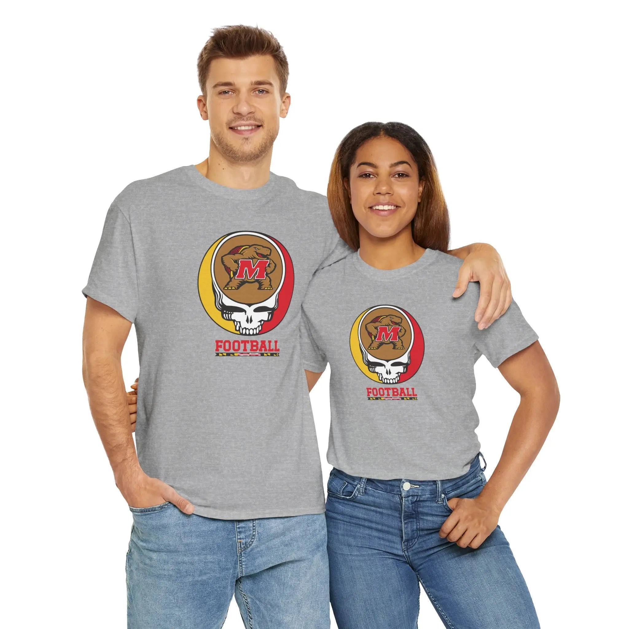 Light gray football t-shirt with circular M helmet logo graphic and 'FOOTBALL' text
