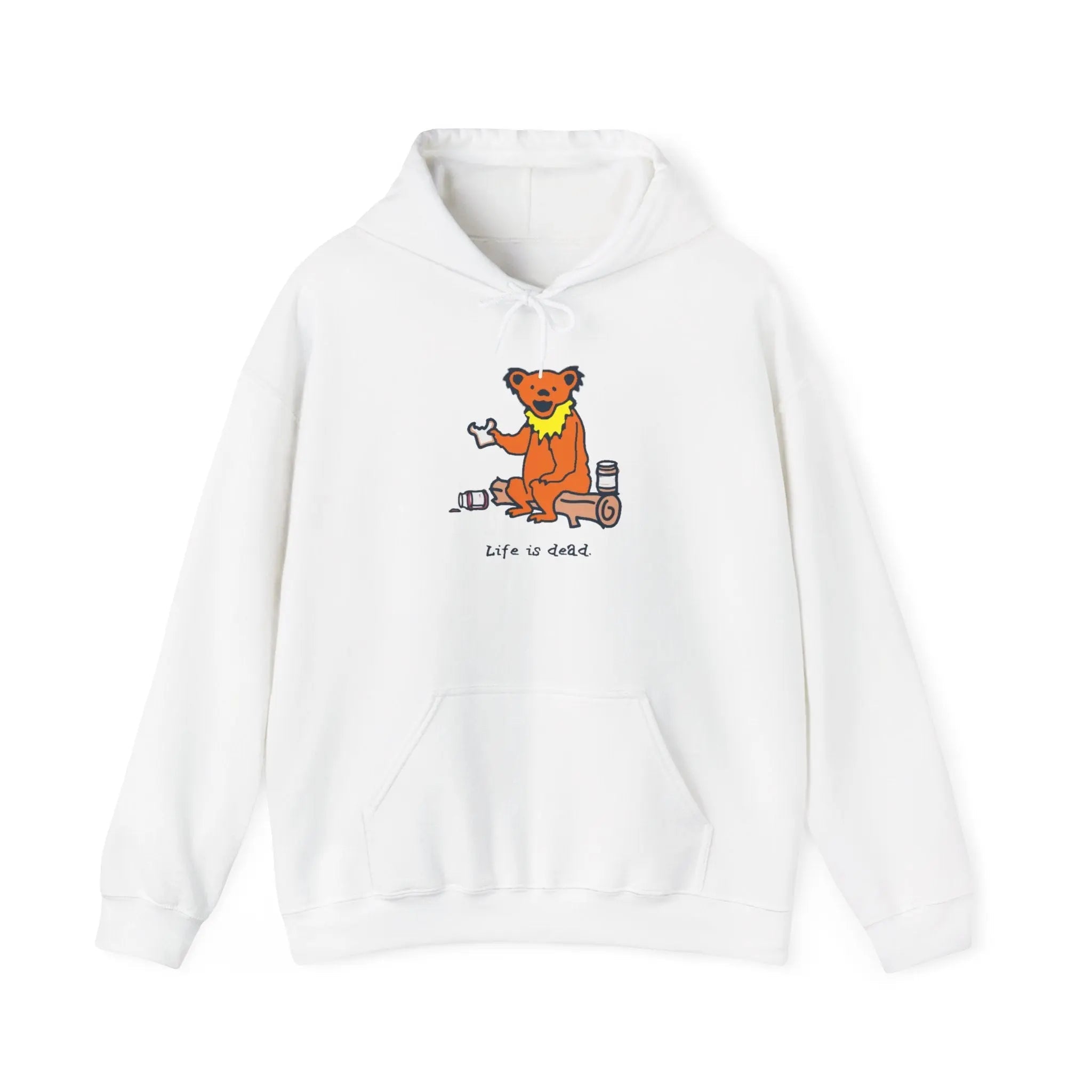 White bear graphic pullover hoodie with front pocket and drawstring hood