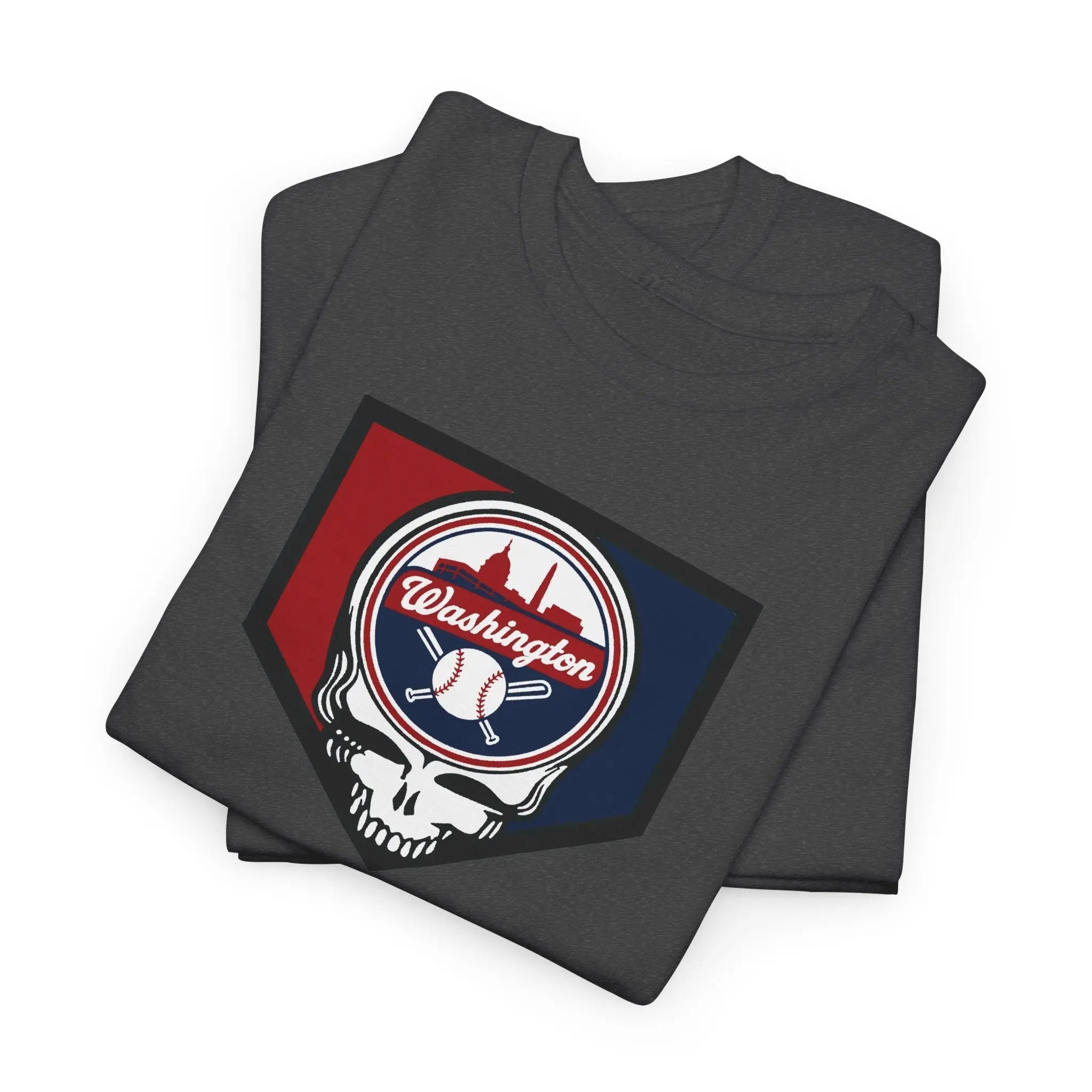 Charcoal gray short-sleeve T-shirt with large Washington Nationals logo graphic on chest