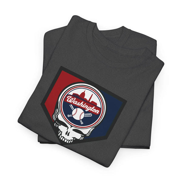 Charcoal gray short-sleeve T-shirt with large Washington Nationals logo graphic on chest