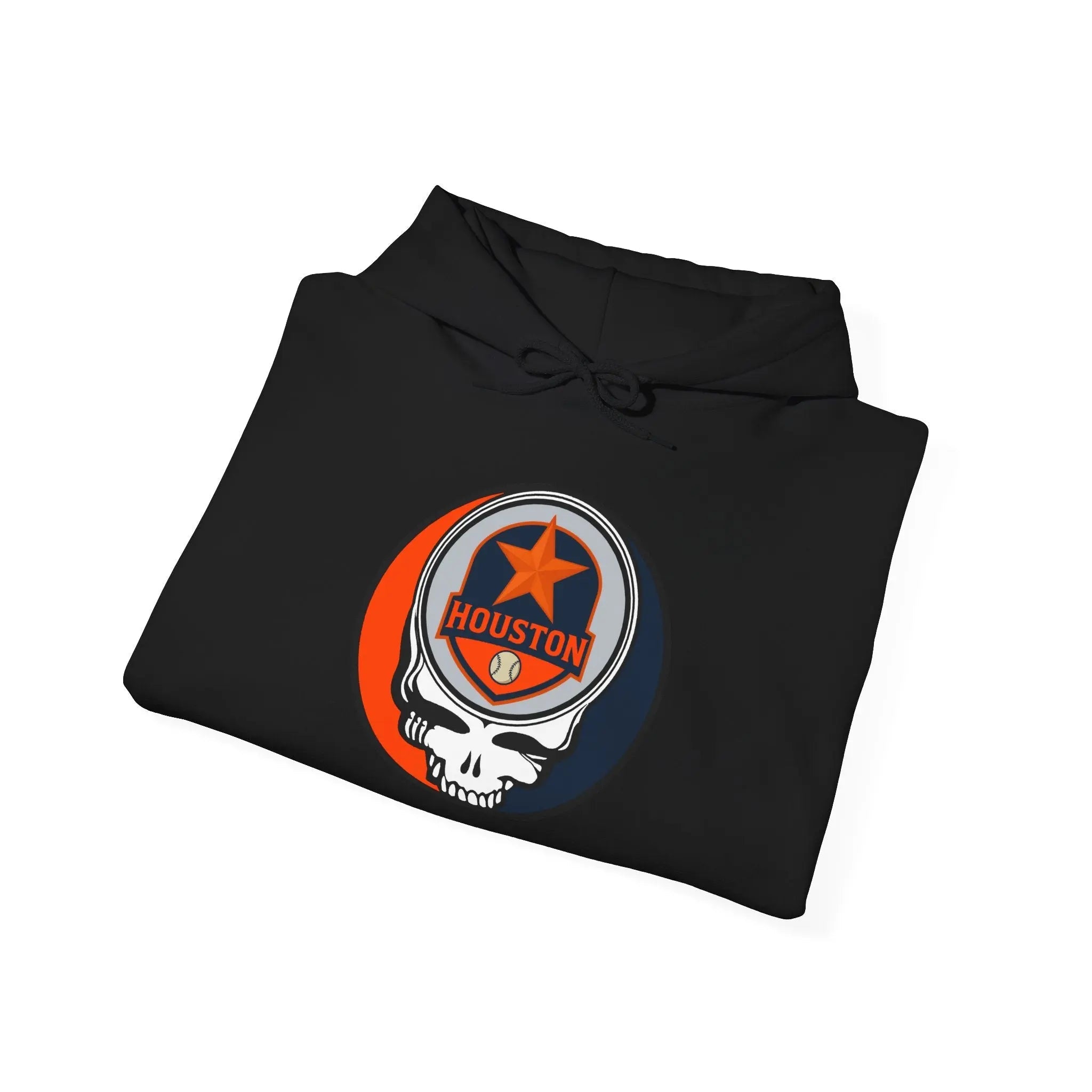 Dark heather gray pullover hoodie with Houston logo patch and drawstring hood