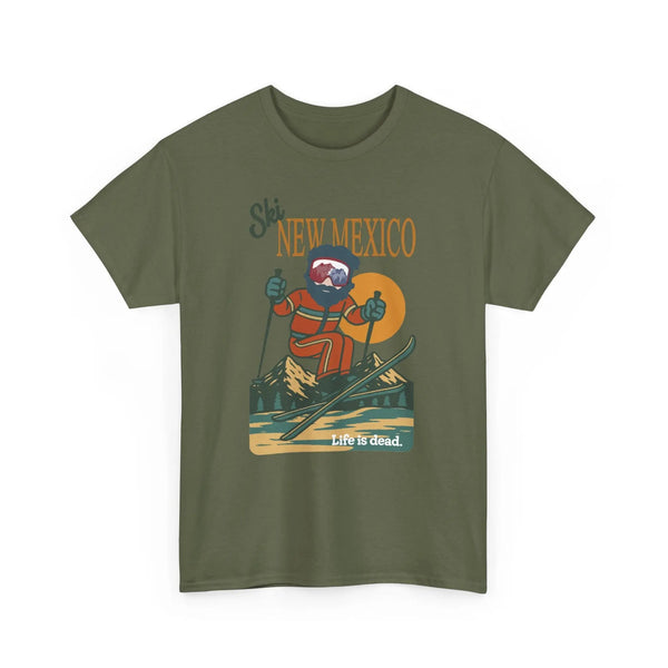 Military green T-shirt with Ski New Mexico retro ski graphic, crew neck