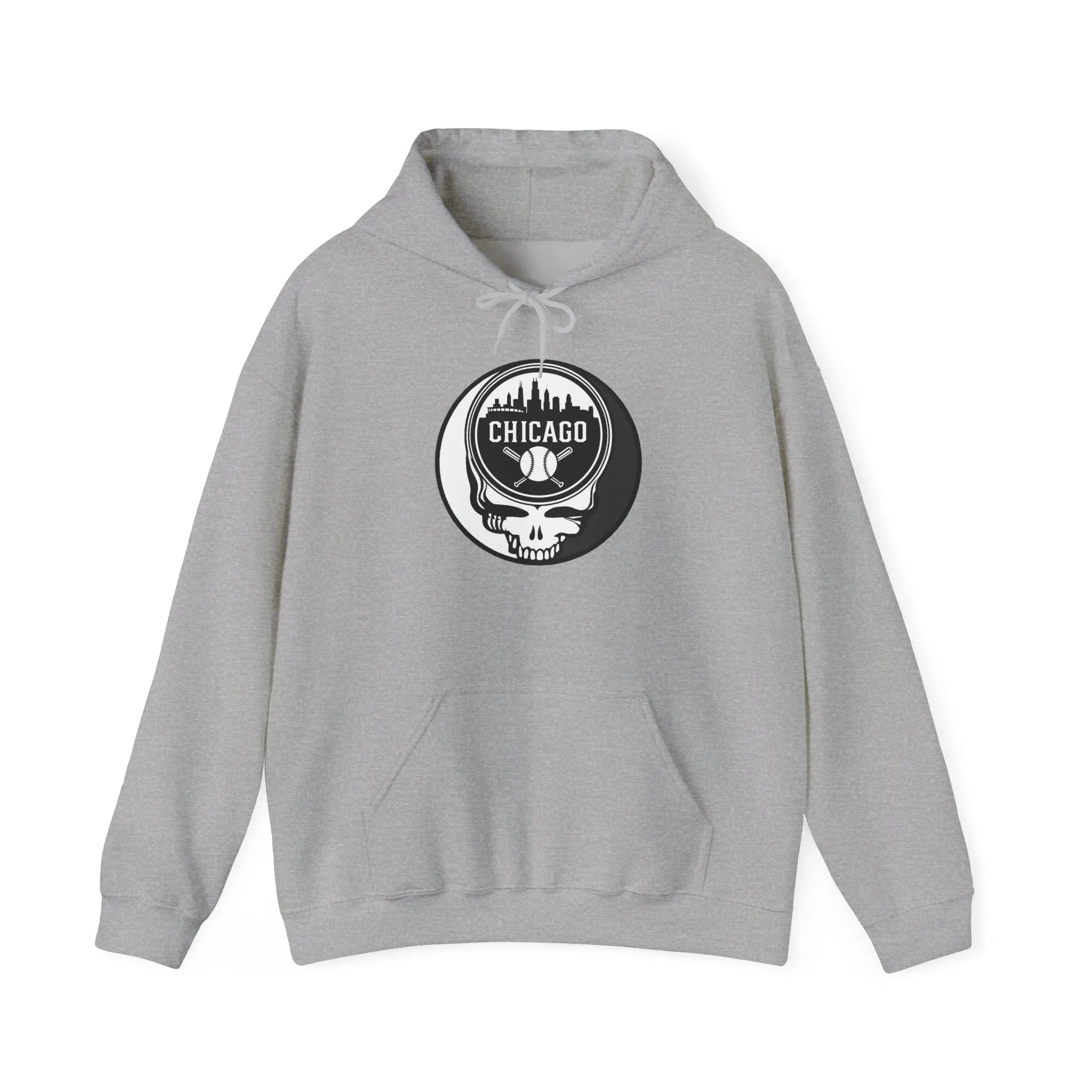 Heather gray hoodie with drawstring hood, front pouch pocket, and Chicago Stealie circular logo