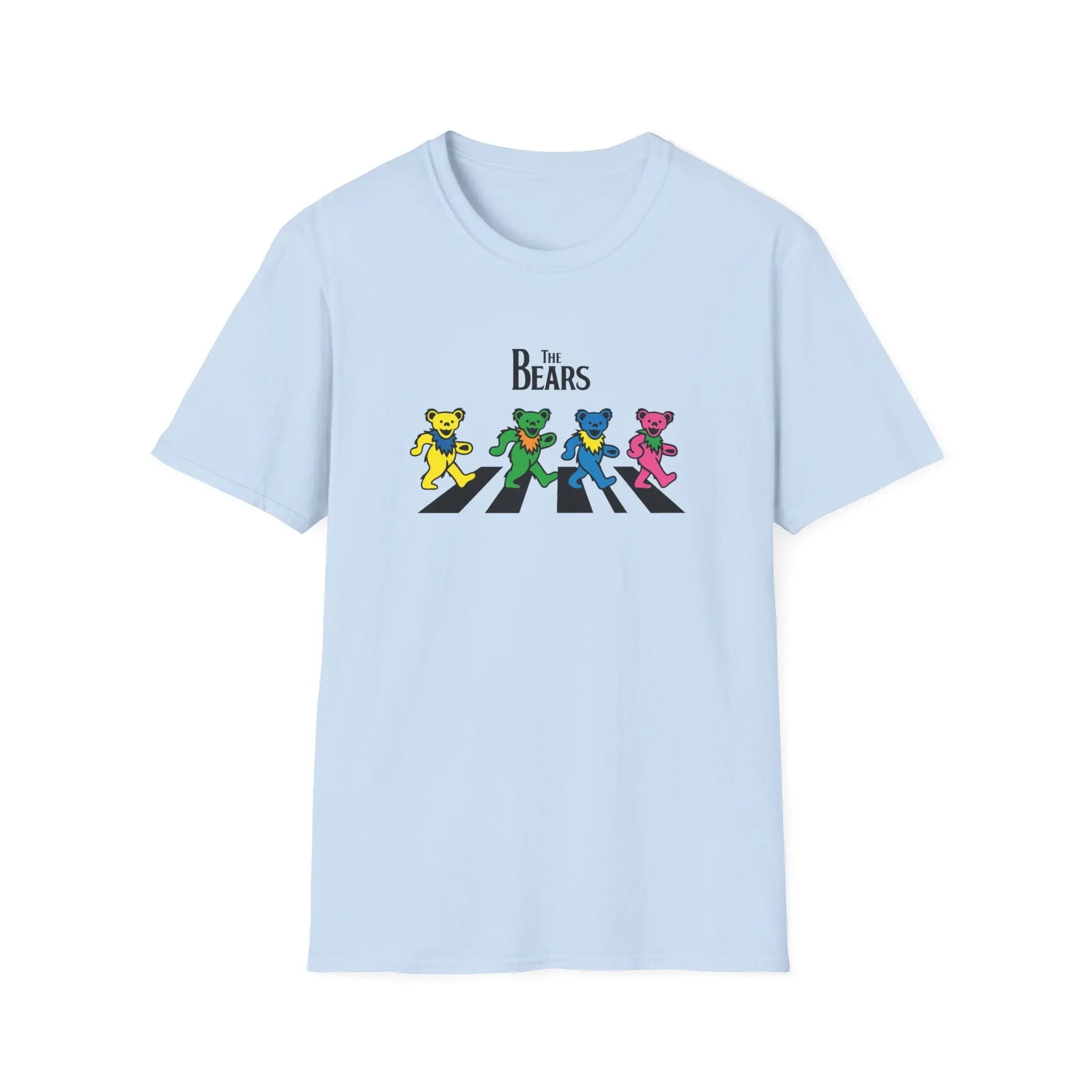 Light blue graphic T-shirt with “The Bears” text and four colorful cartoon bear figures