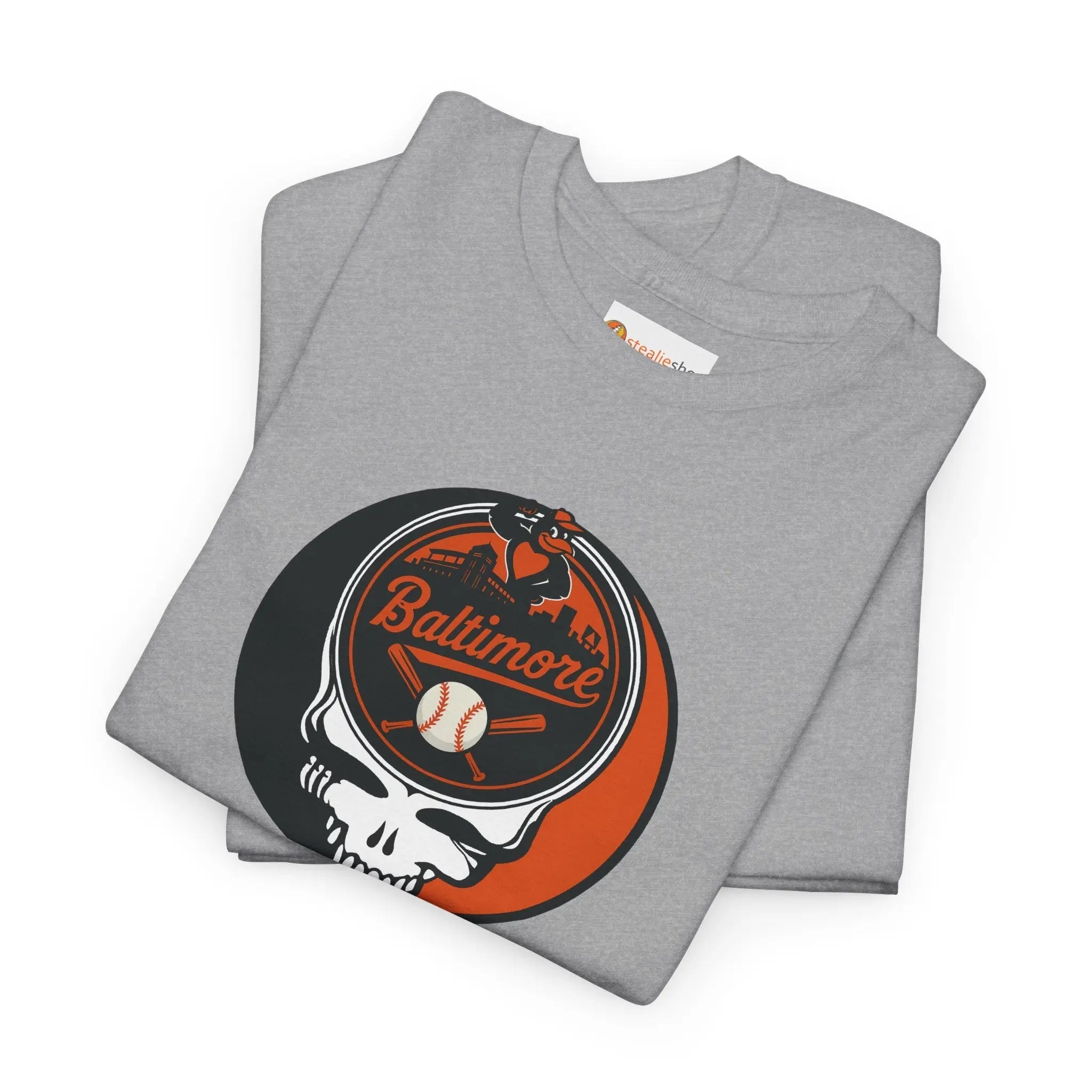 Sport grey graphic T-shirt, stacked pair, with Baltimore skull and baseball emblem