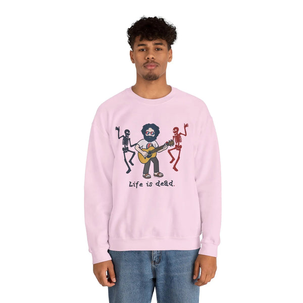 Light pink crewneck sweatshirt with band graphic print on front