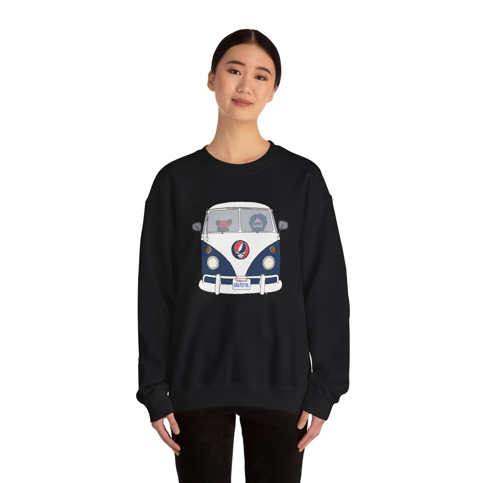 Black crewneck sweatshirt with blue bus graphic