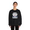 Black crewneck sweatshirt with blue bus graphic