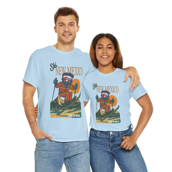 Light blue T-shirt with Ski New Mexico retro ski graphic on the chest