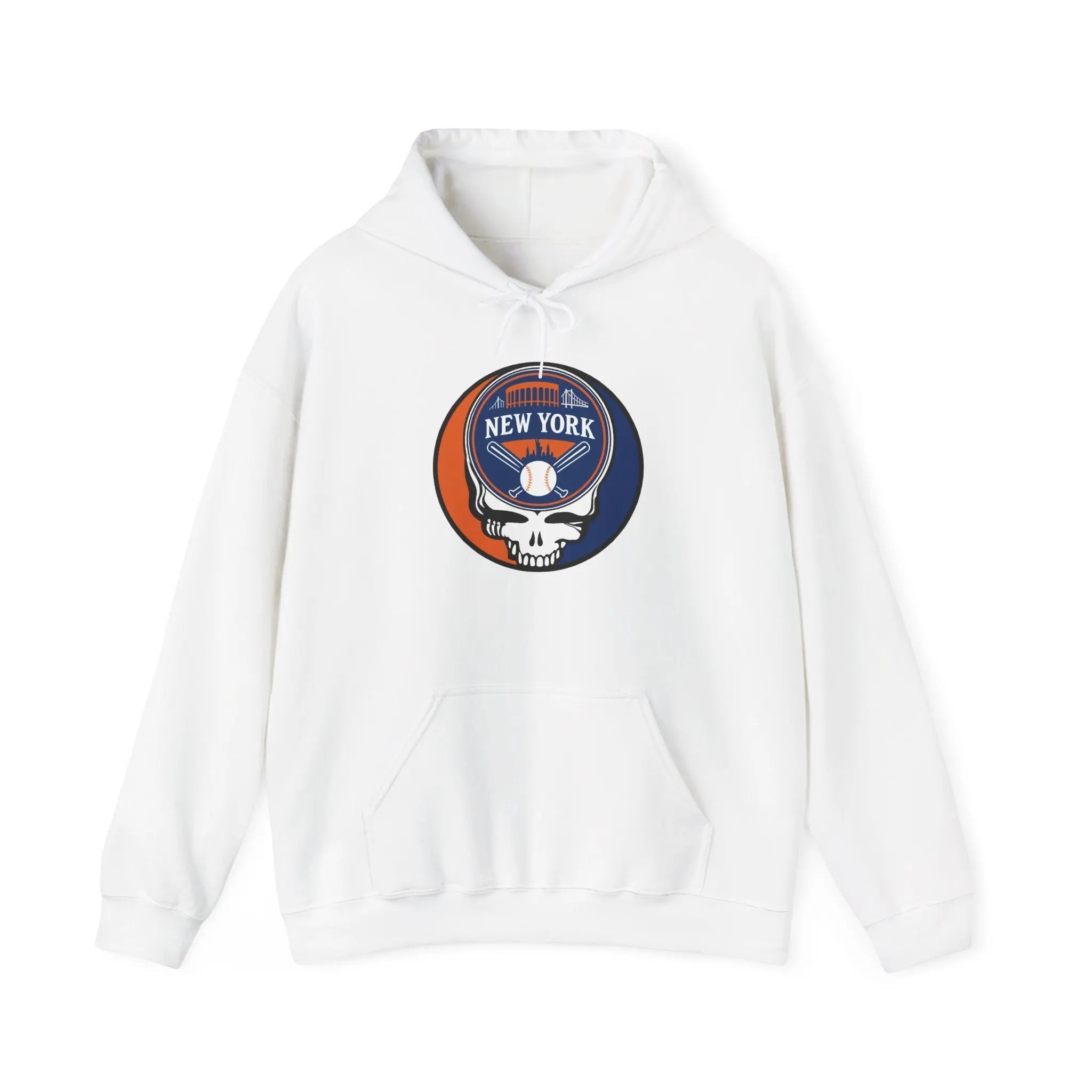 New York Mets hoodie in white with front Stealie skull emblem