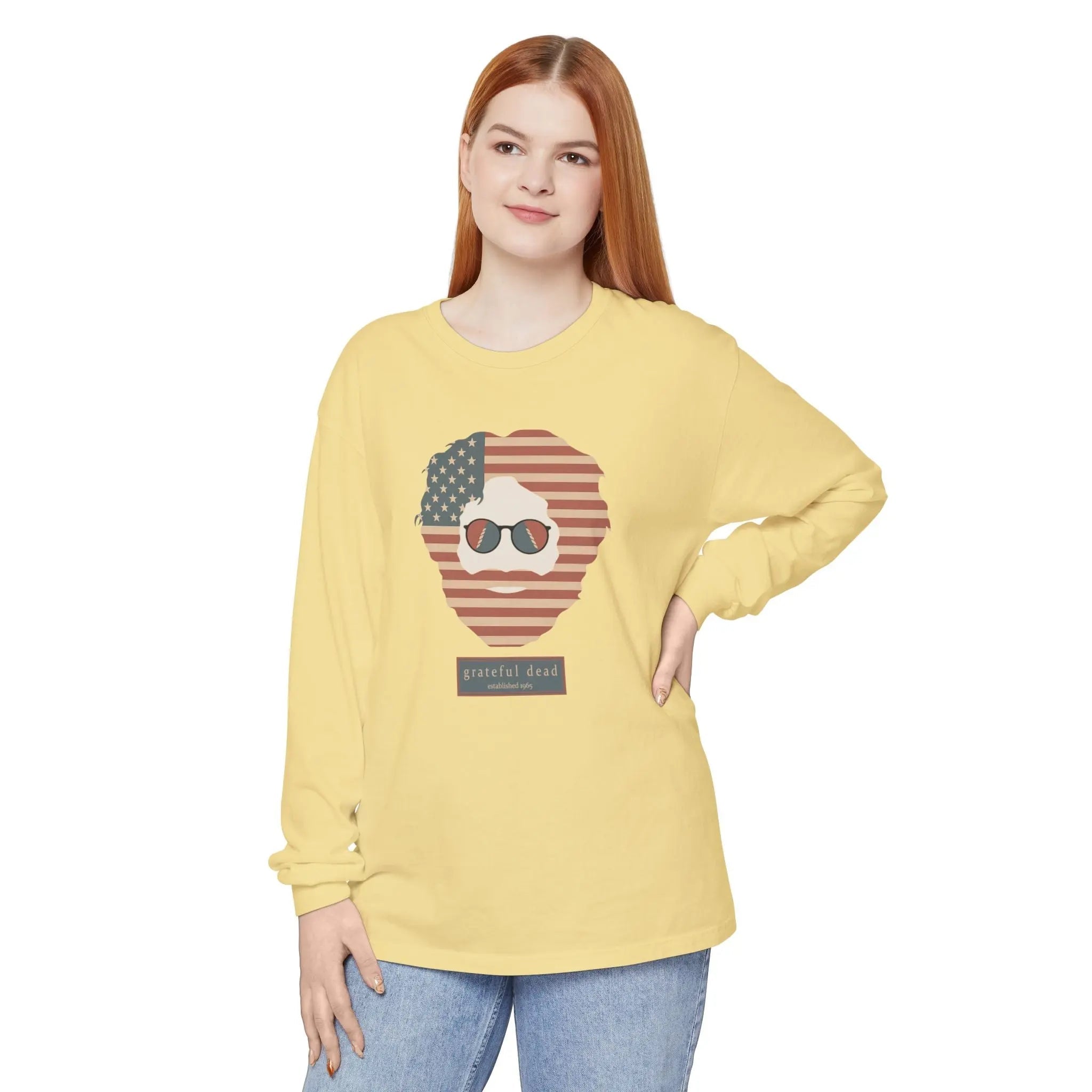 Butter yellow long-sleeve T-shirt with patriotic bear graphic on chest