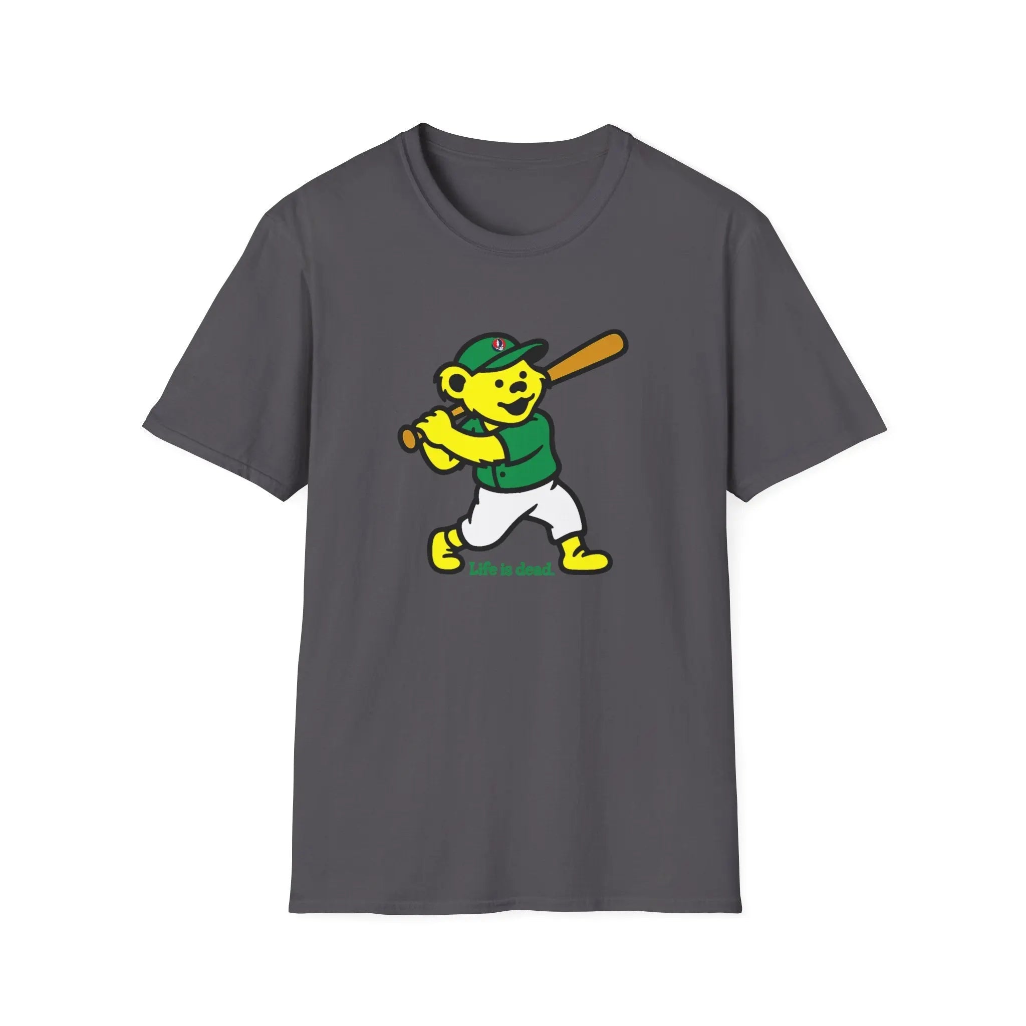 Dark grey T-shirt with dancing bear graphic and text 