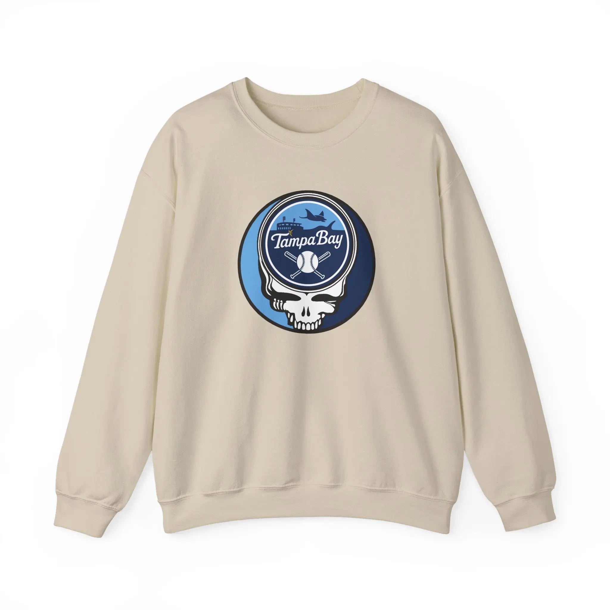 Sand crewneck sweatshirt with circular Tampa Bay Rays Stealie logo on chest