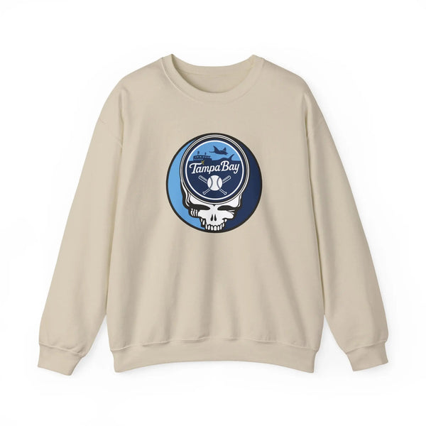 Sand crewneck sweatshirt with circular Tampa Bay Rays Stealie logo on chest