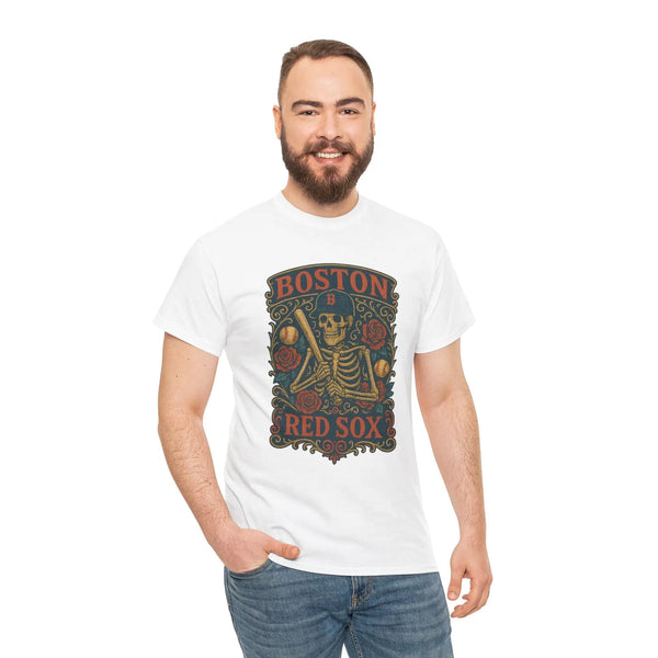 White crew-neck T-shirt with Boston Red Sox skeleton shield front graphic
