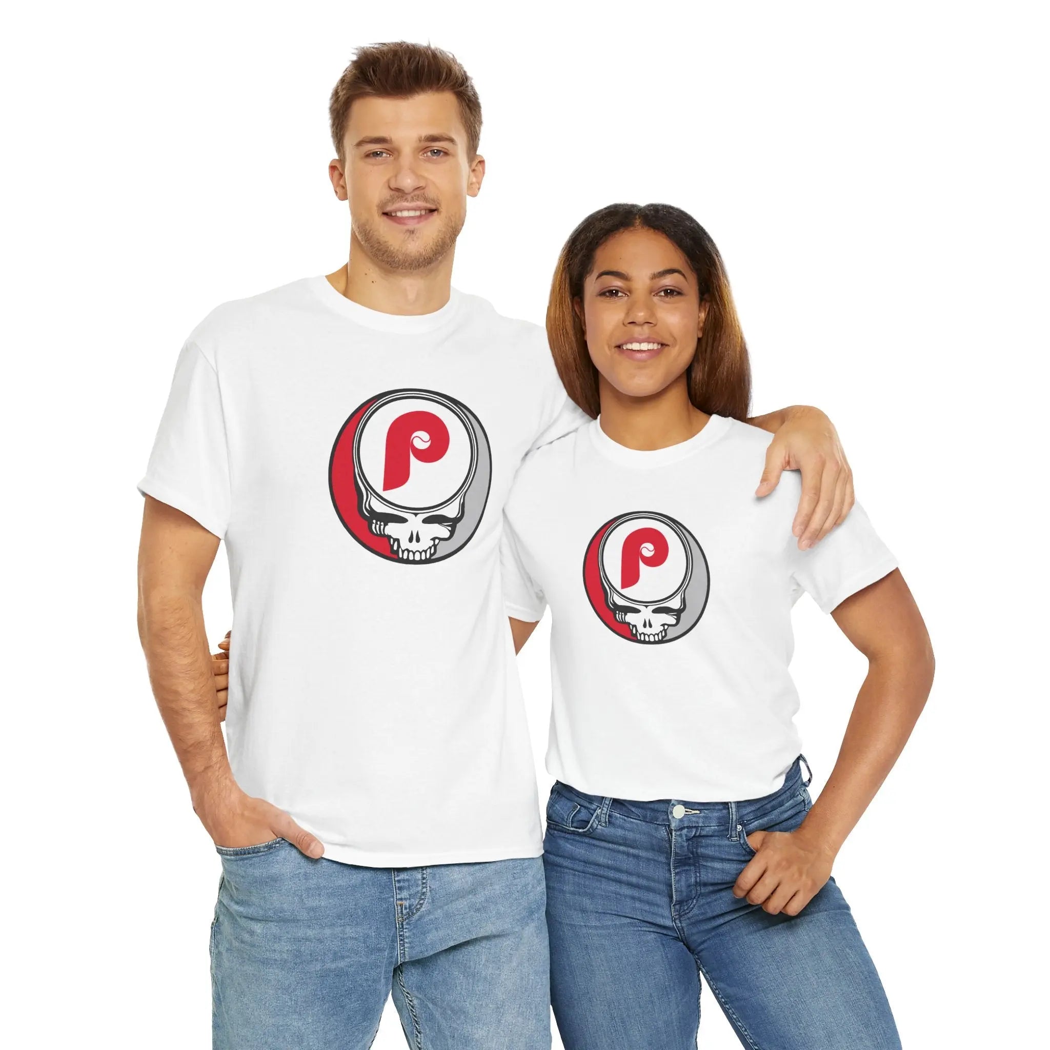 White short-sleeve T-shirt with circular P skull team logo