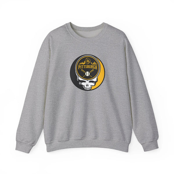 Sport gray crewneck sweatshirt with circular Pittsburgh logo and skull graphic on chest
