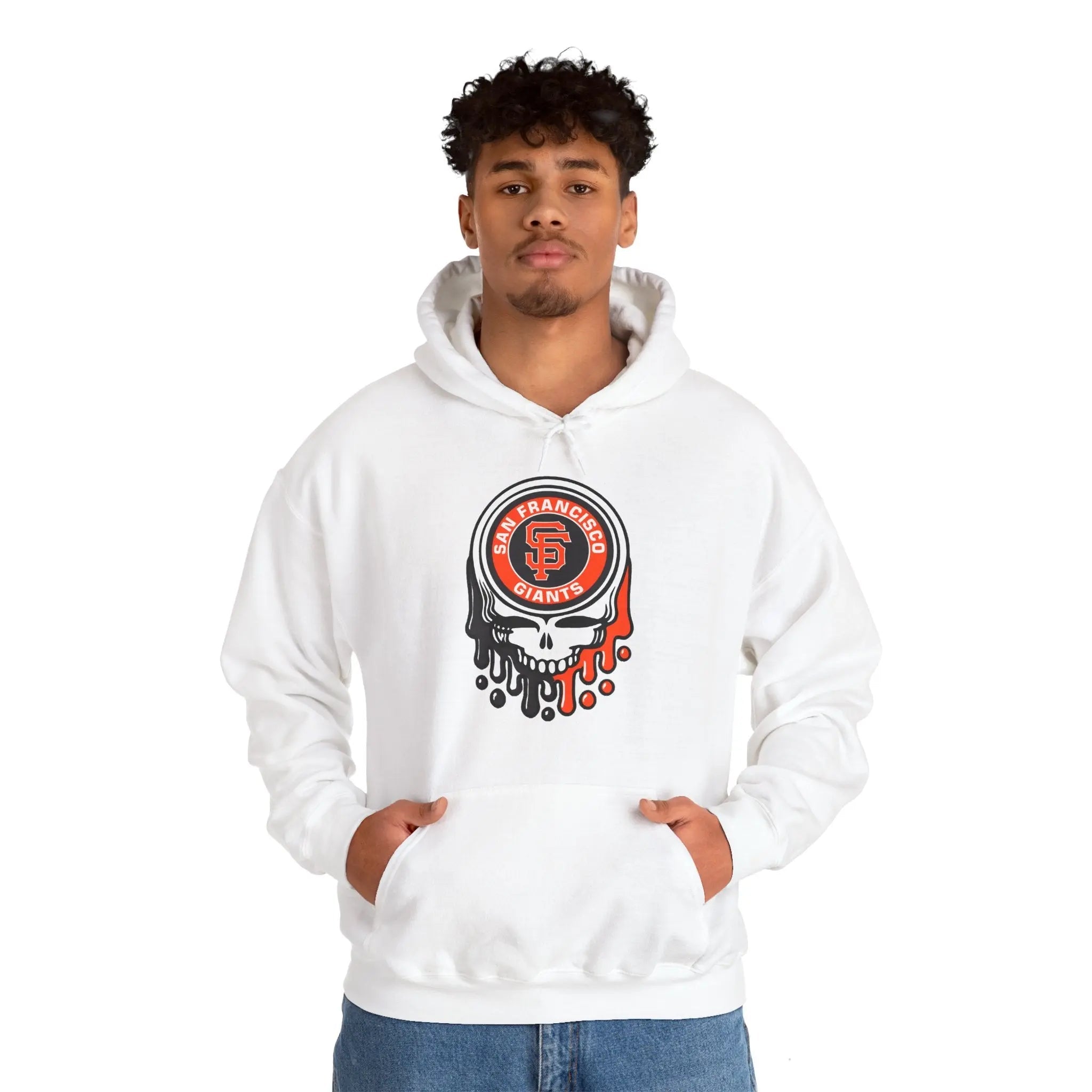 White hoodie with circular Giants skull logo and dripping graphic