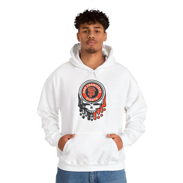 White hoodie with circular Giants skull logo and dripping graphic