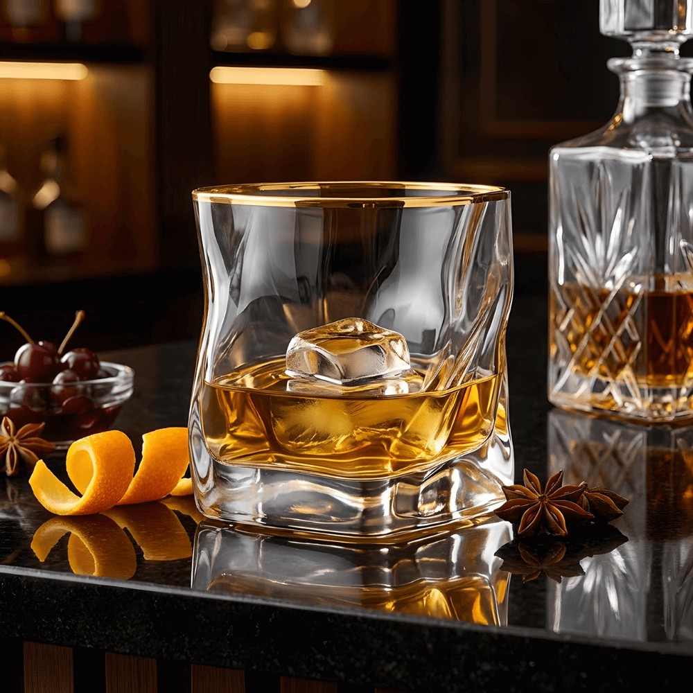 Gold-rim crystal whisky tumbler with amber liquid on a dark tabletop