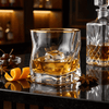 Gold-rim crystal whisky tumbler with amber liquid on a dark tabletop