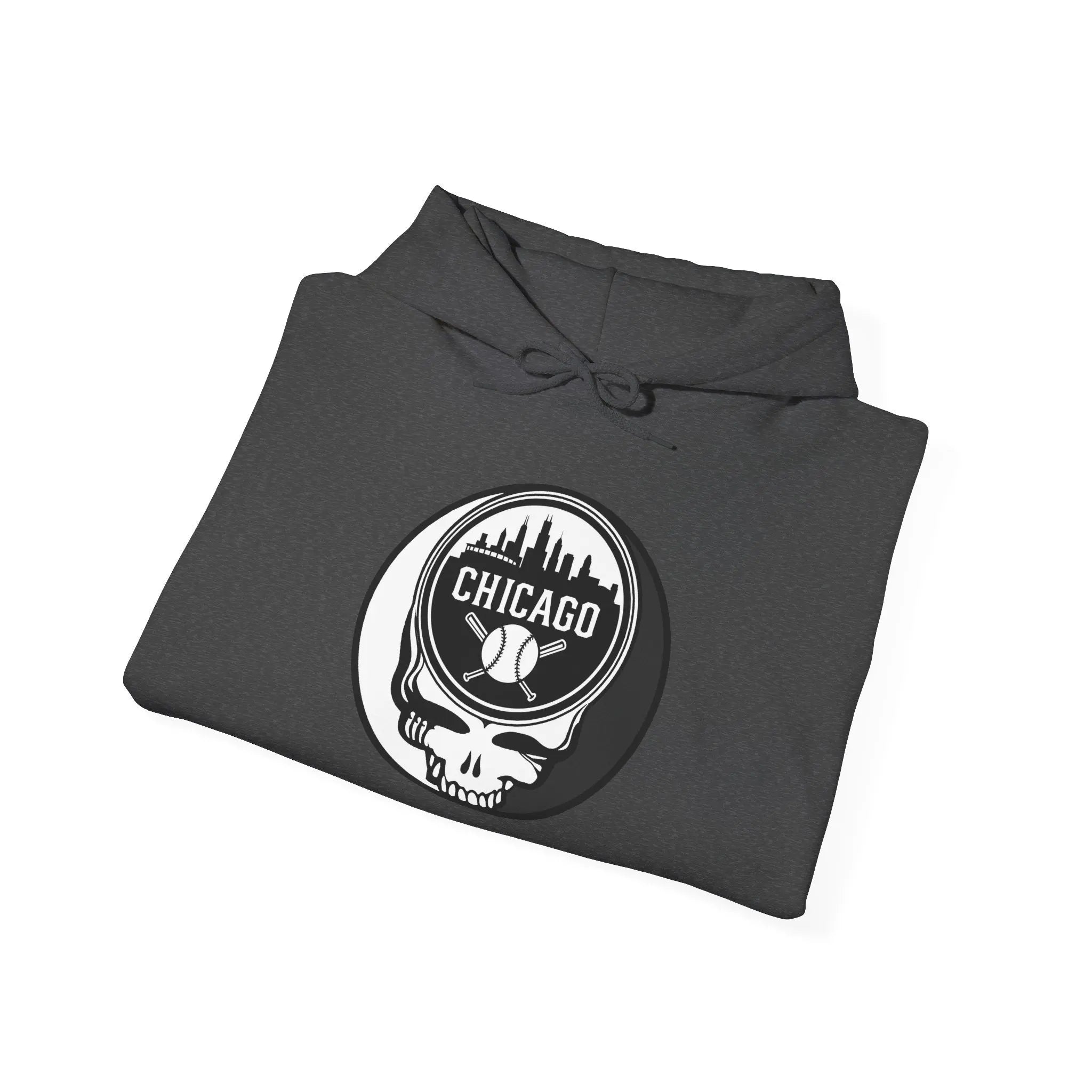 Dark gray hoodie folded top with hood and Chicago Stealie circular graphic