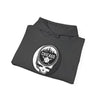 Dark gray hoodie folded top with hood and Chicago Stealie circular graphic
