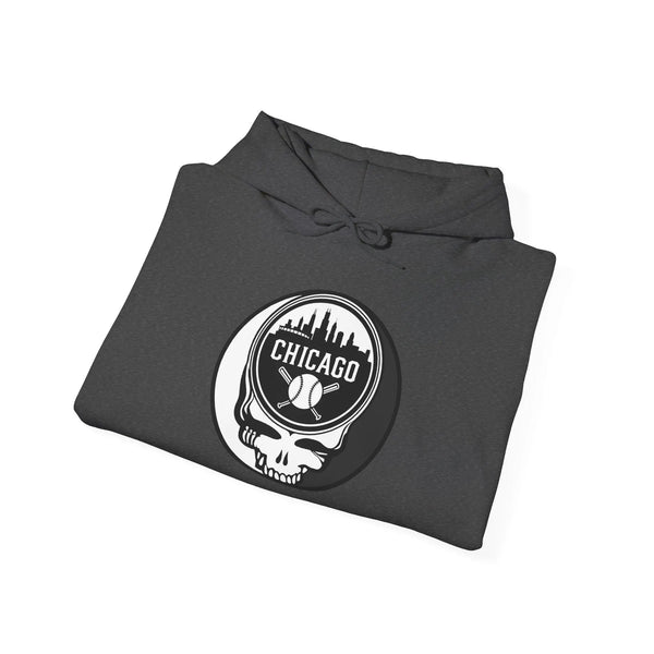 Dark gray hoodie folded top with hood and Chicago Stealie circular graphic