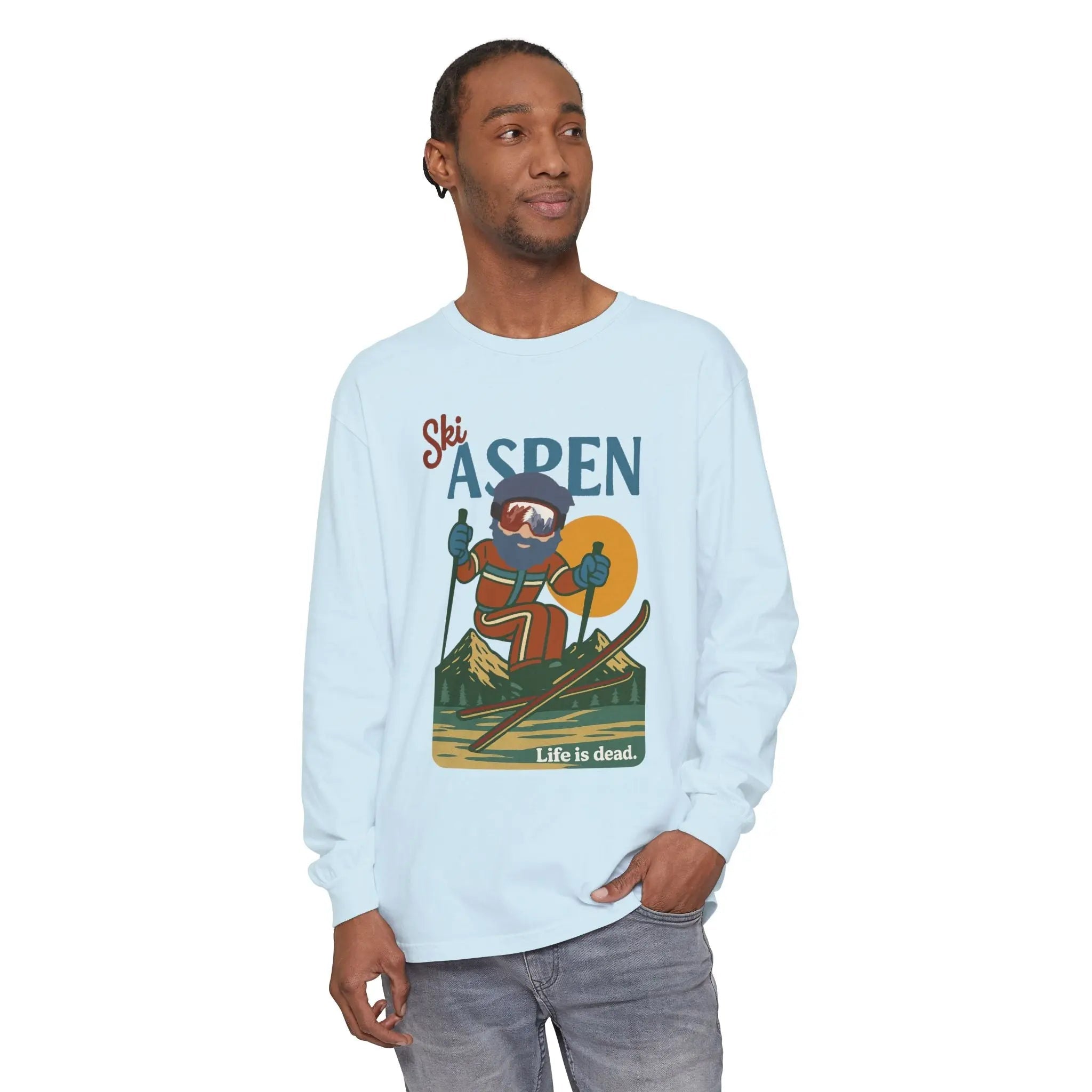 Men's light blue long-sleeve crewneck T-shirt with ski graphic print on chest