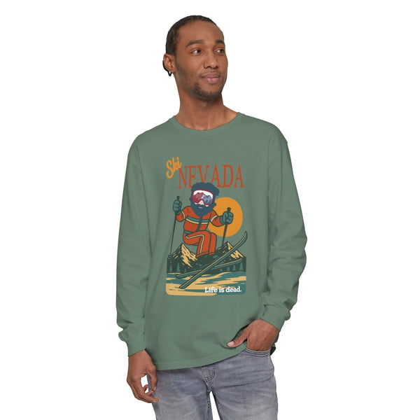 Green long-sleeve T-shirt with graphic print on chest