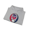Heather gray folded pullover hoodie with Twin Cities logo patch, hood and drawstring