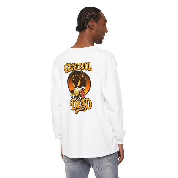 White long-sleeve shirt with back graphic “GRATEFUL DEAD” cartoon dog face